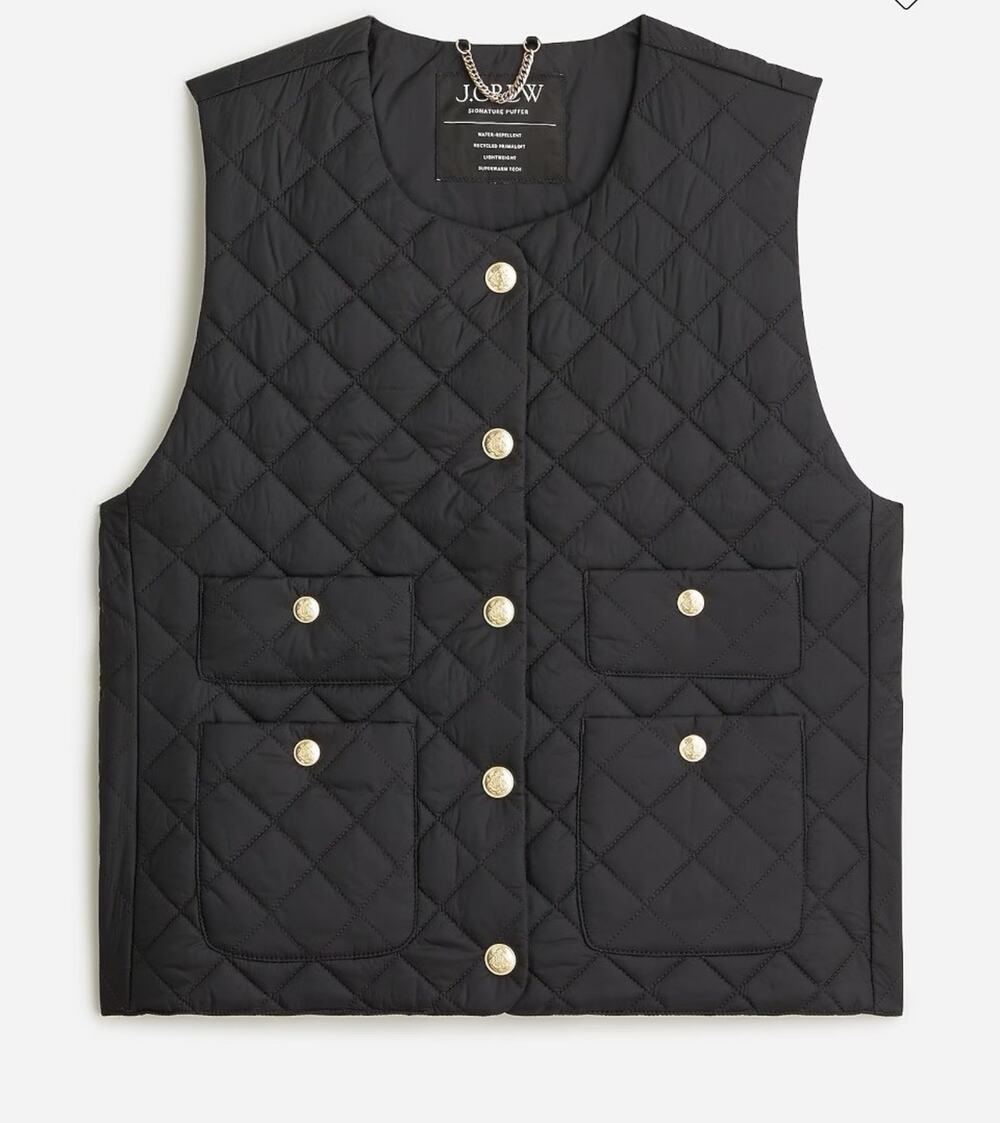 J.Crew Women’s Quilted Excursion Signature Puffer Vest Sz S Black Elegant Gold